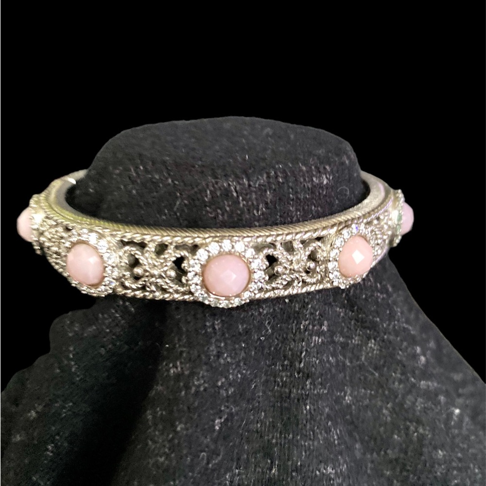 Judith Ripka sterling silver cuffed hinged bracelet with pink stones